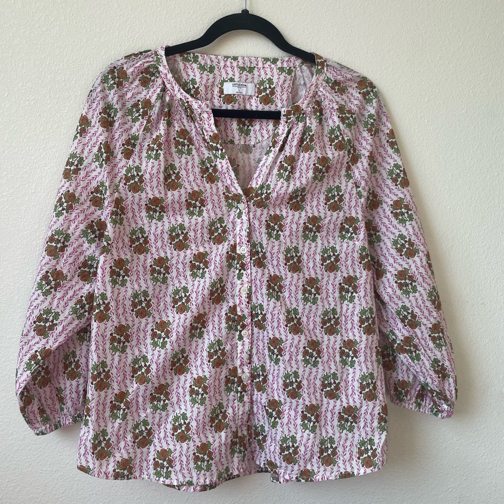 UNTUCKit Women’s Large 3/4 Sleeve Button Down Floral Pink, Orange & Green Blouse